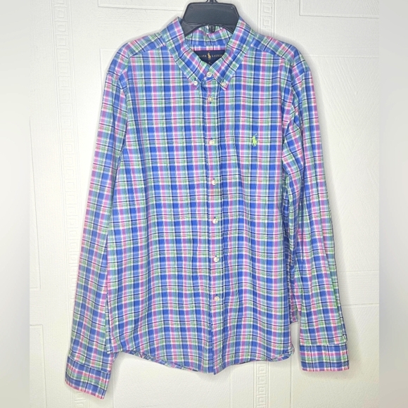 Ralph Lauren Other - Ralph Lauren Button-Down Long Sleeve Blue Green Plaid Shirt Boy Sz XL (18-20)